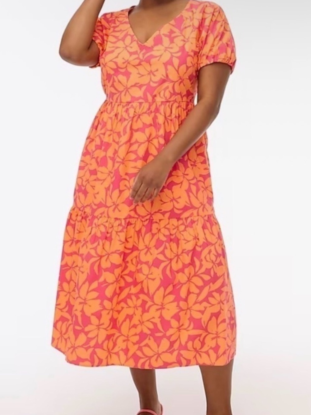 J Crew Pink and Orange Floral V-Neck Tiered Midi Dress Size 14